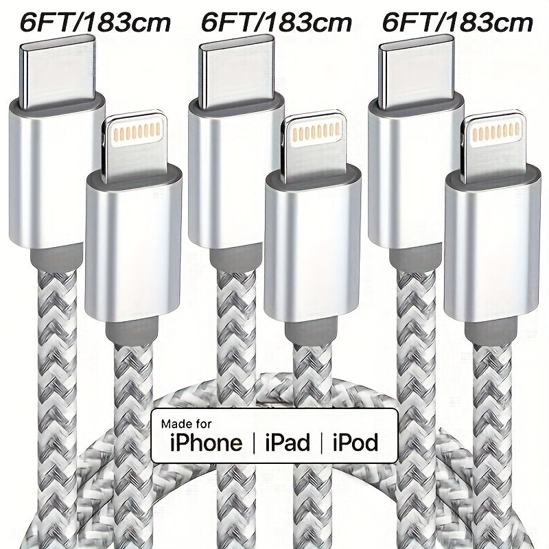 3-Pack 6FT Durable MFi Certified USB C to Lightning Cable - Fast Charging, Nylon Braided, Tangle-Free Design for iPhone 14/13/12/11 Pro Max, Grey & White