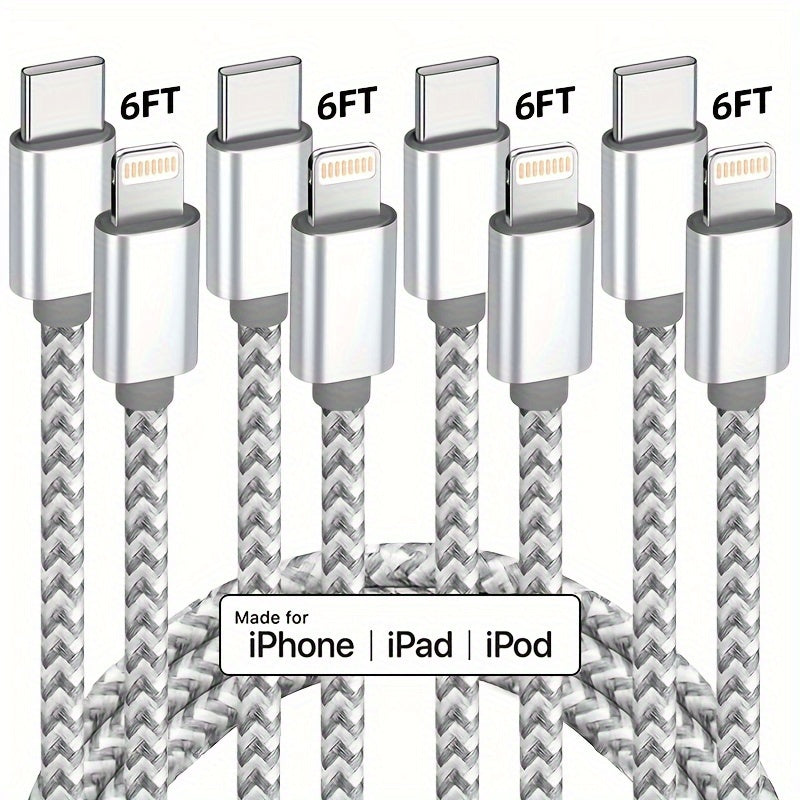 3-Pack 6FT Durable MFi Certified USB C to Lightning Cable - Fast Charging, Nylon Braided, Tangle-Free Design for iPhone 14/13/12/11 Pro Max, Grey & White