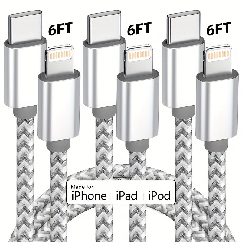 3-Pack 6FT Durable MFi Certified USB C to Lightning Cable - Fast Charging, Nylon Braided, Tangle-Free Design for iPhone 14/13/12/11 Pro Max, Grey & White