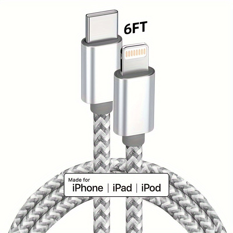 3-Pack 6FT Durable MFi Certified USB C to Lightning Cable - Fast Charging, Nylon Braided, Tangle-Free Design for iPhone 14/13/12/11 Pro Max, Grey & White