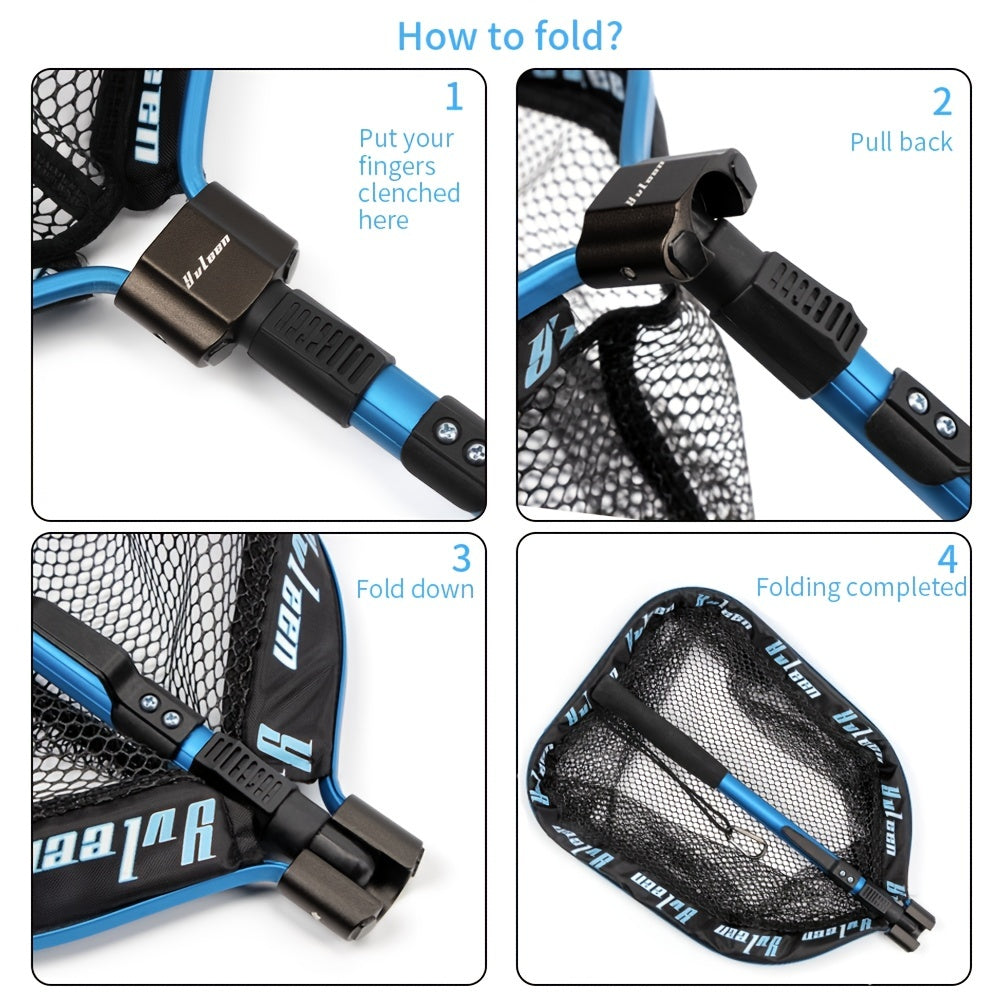 YVLEEN Floating Fishing Net - Foldable Aluminum Frame with Rubber Coated Mesh, Lightweight & Durable for Freshwater & Saltwater Fishing, Easy Catch & Release, Blue & Black Design, Portable Angling Gear | Foldable Design | Erg