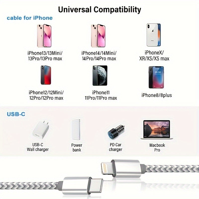 3-Pack 6FT Durable MFi Certified USB C to Lightning Cable - Fast Charging, Nylon Braided, Tangle-Free Design for iPhone 14/13/12/11 Pro Max, Grey & White