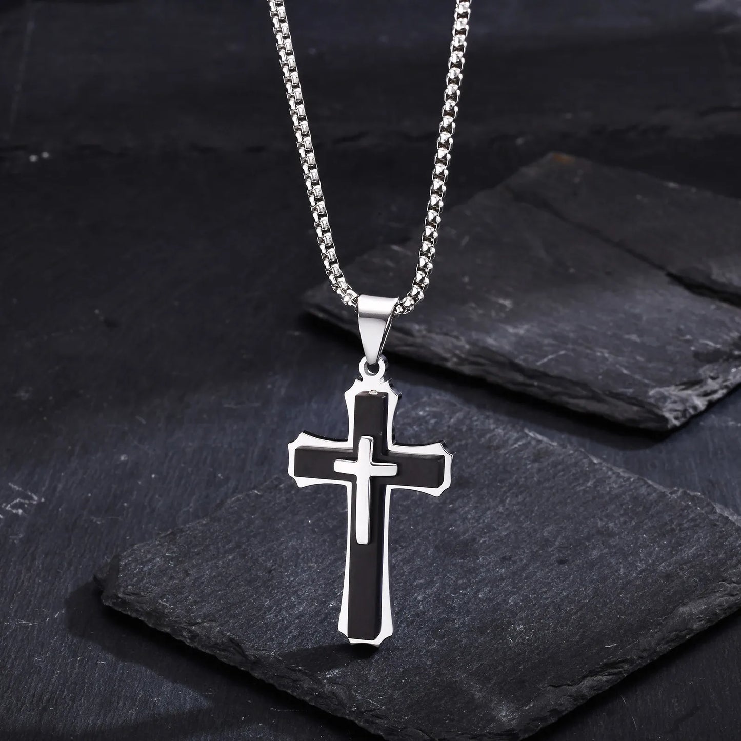 3D Cross Pendant Necklaces for Men Boys,Black Gold Color Stainless Steel Cross Necklace,Hiphop Punk Party Gift