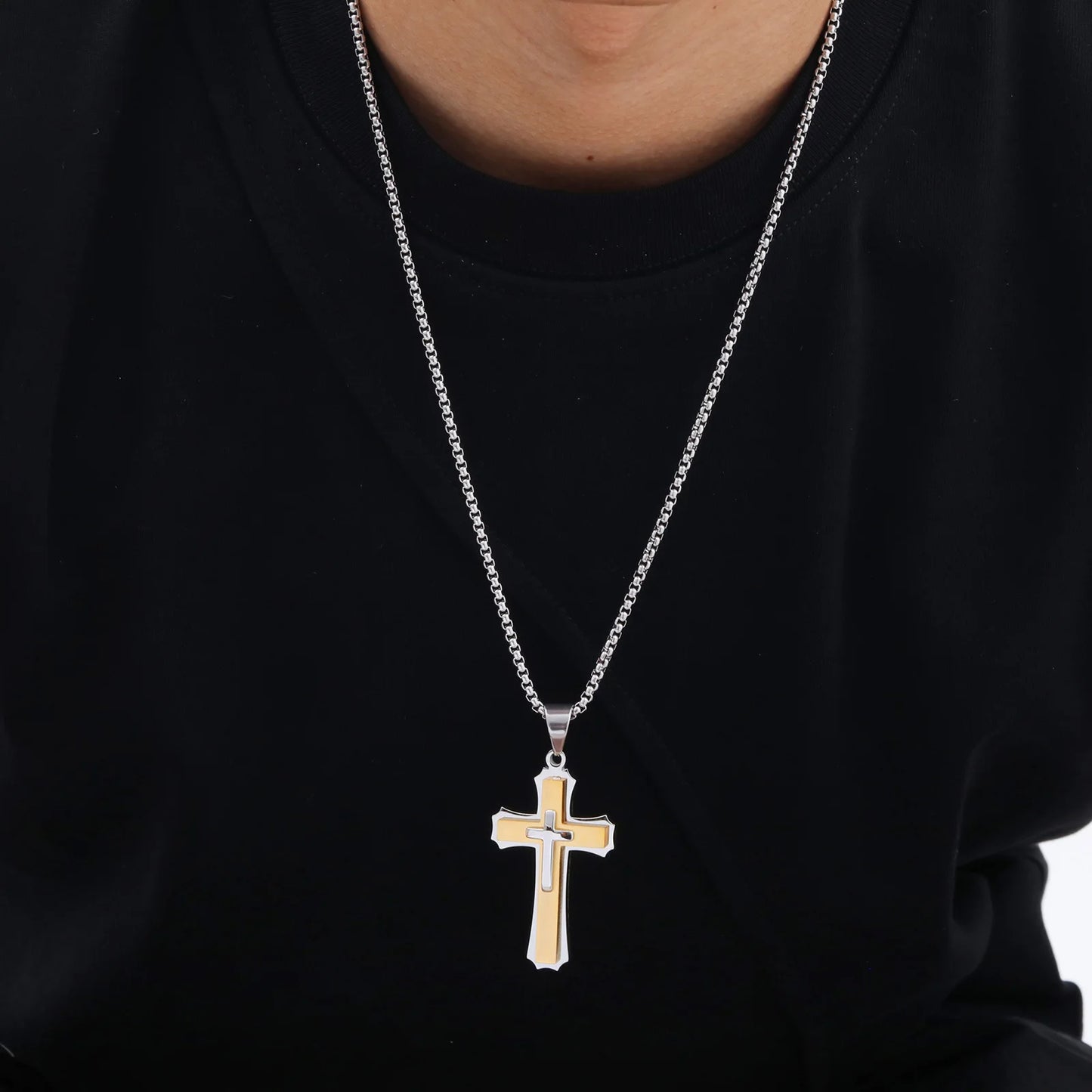 3D Cross Pendant Necklaces for Men Boys,Black Gold Color Stainless Steel Cross Necklace,Hiphop Punk Party Gift