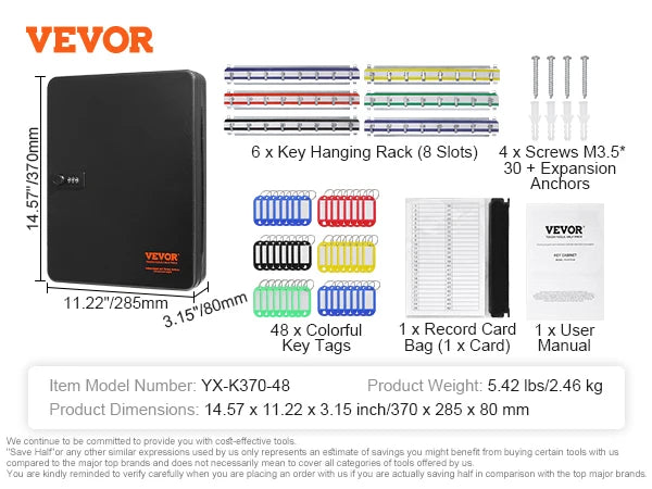 VEVOR 48-Key Cabinet Key Lock Box with Adjustable Racks Security Key Storage Box Key Organizer for School Office Hotle