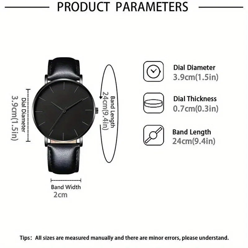 3PCs Fashion Business Casual Men's Belt Quartz Watch with PU Leather Woven Bracelet Necklace Combination Set