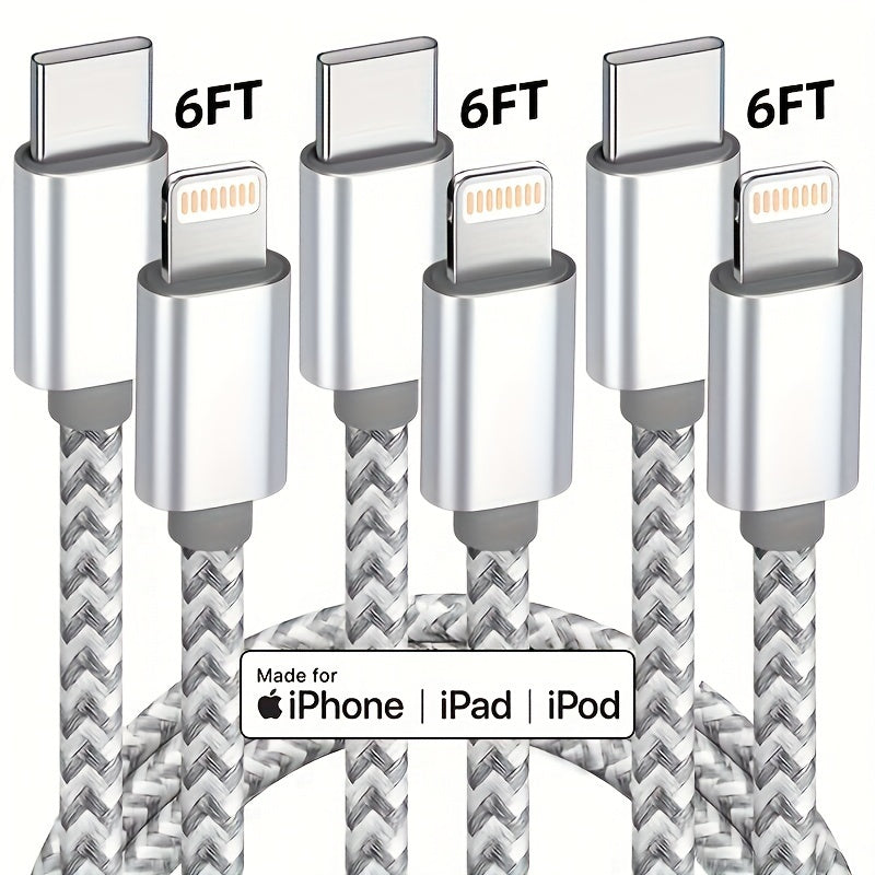 3-Pack 6FT Durable MFi Certified USB C to Lightning Cable - Fast Charging, Nylon Braided, Tangle-Free Design for iPhone 14/13/12/11 Pro Max, Grey & White