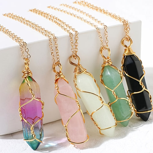 Unique Handmade Natural Stone Crystal Hexagon Pendant Necklace, Lucky Stone Jewelry for Good Fortune