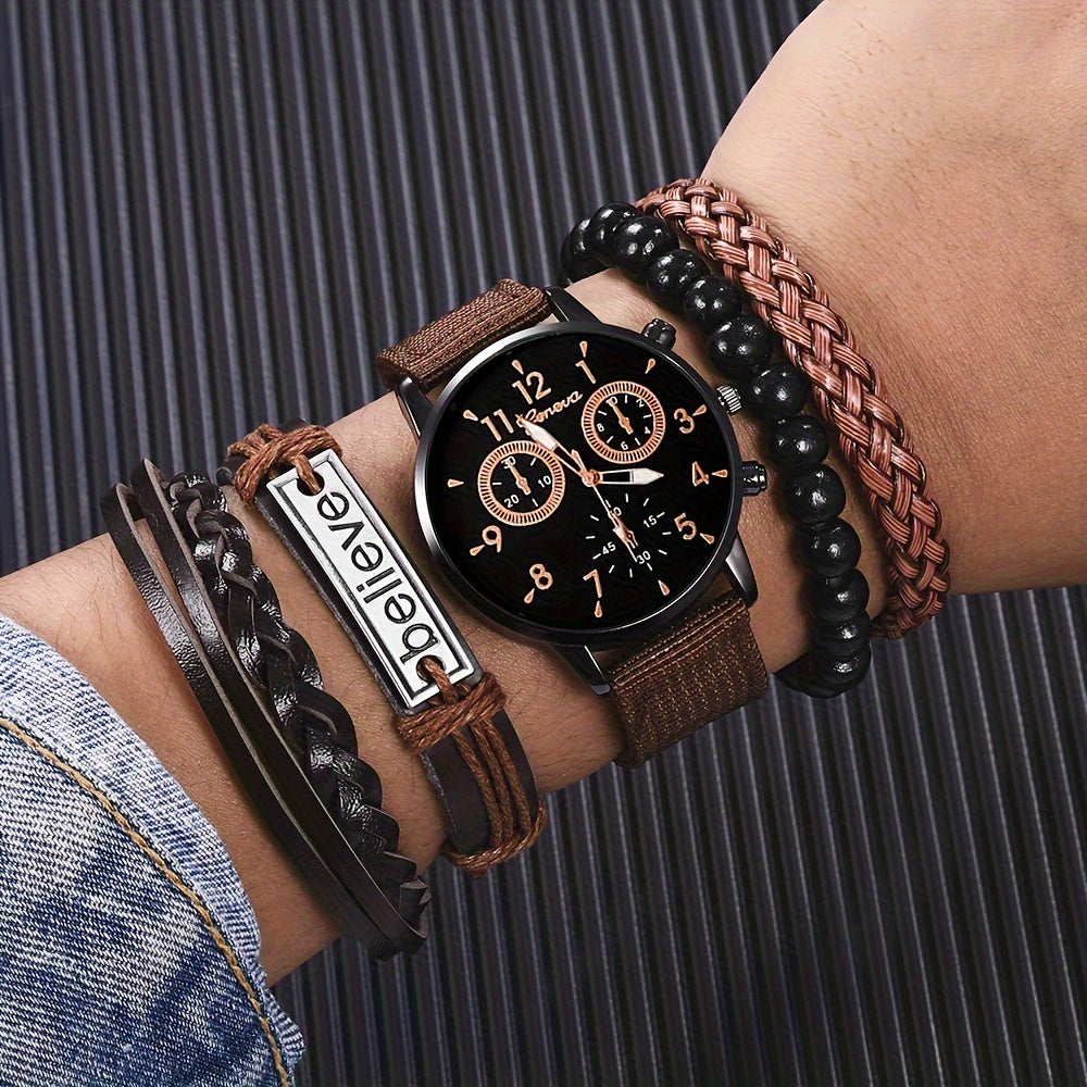 [Popular Choice] Men's Watch 1pc Men's Black Nylon Strap Casual Industrial Style Round Dial Calendar Pointer Quartz Watch And 3pcs Bracelets Set Watch for Men Christmas, New Year's Day, Valentine's Day, The Best Gift for A fo