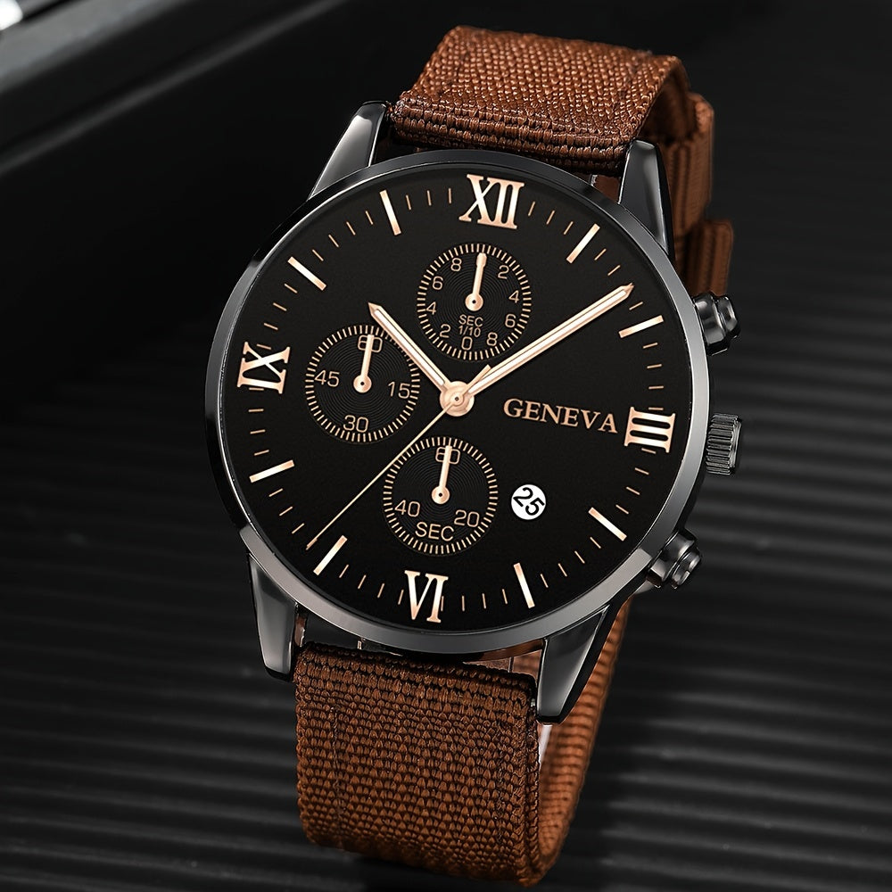 [Popular Choice] Men's Watch 1pc Men's Black Nylon Strap Casual Industrial Style Round Dial Calendar Pointer Quartz Watch And 3pcs Bracelets Set Watch for Men Christmas, New Year's Day, Valentine's Day, The Best Gift for A fo