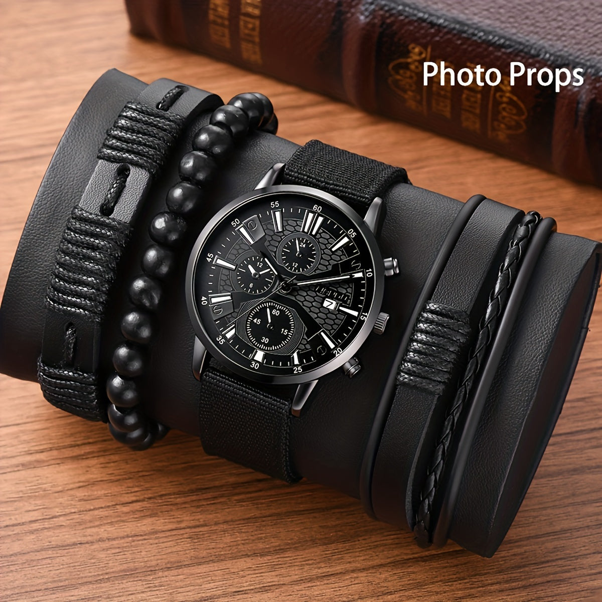 [Popular Choice] Men's Watch 1pc Men's Black Nylon Strap Casual Industrial Style Round Dial Calendar Pointer Quartz Watch And 3pcs Bracelets Set Watch for Men Christmas, New Year's Day, Valentine's Day, The Best Gift for A fo