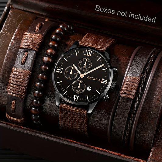 [Popular Choice] Men's Watch 1pc Men's Black Nylon Strap Casual Industrial Style Round Dial Calendar Pointer Quartz Watch And 3pcs Bracelets Set Watch for Men Christmas, New Year's Day, Valentine's Day, The Best Gift for A fo