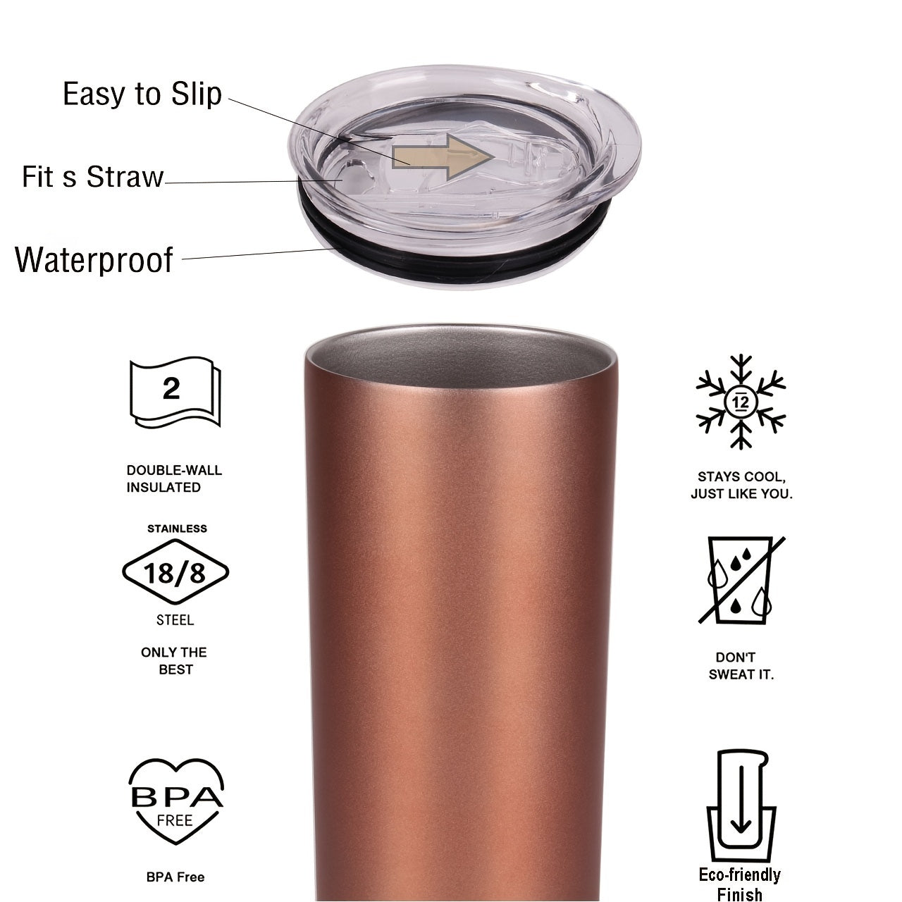 1pc Skinny Tumbler 20oz, Stainless Steel Double Wall Water Bottle, Vacuum Insulated Slim Cup With Lid Straw