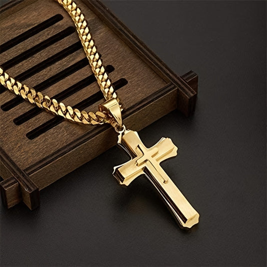 Jesus Cross Pendant Necklace, Double Cross Hip Hop Religious Amulet for Men Women