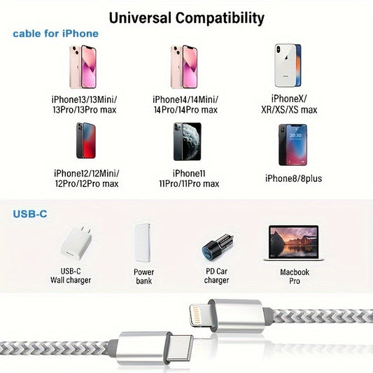 3-Pack 6FT Durable MFi Certified USB C to Lightning Cable - Fast Charging, Nylon Braided, Tangle-Free Design for iPhone 14/13/12/11 Pro Max, Grey & White