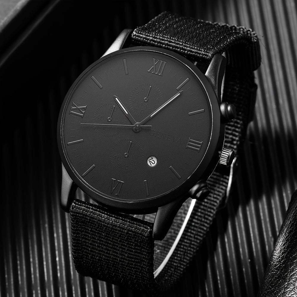 [Popular Choice] Men's Watch 1pc Men's Black Nylon Strap Casual Industrial Style Round Dial Calendar Pointer Quartz Watch And 3pcs Bracelets Set Watch for Men Christmas, New Year's Day, Valentine's Day, The Best Gift for A fo
