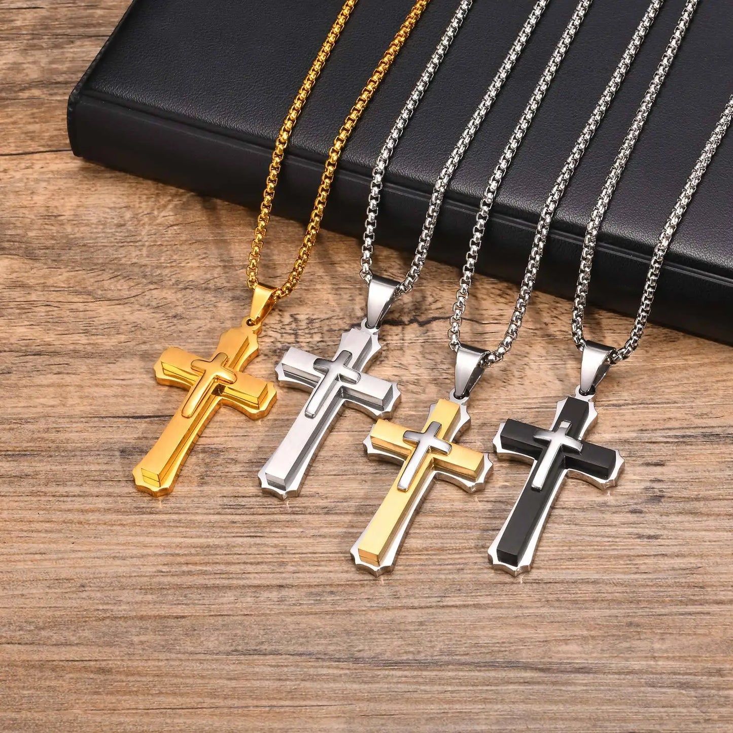 3D Cross Pendant Necklaces for Men Boys,Black Gold Color Stainless Steel Cross Necklace,Hiphop Punk Party Gift
