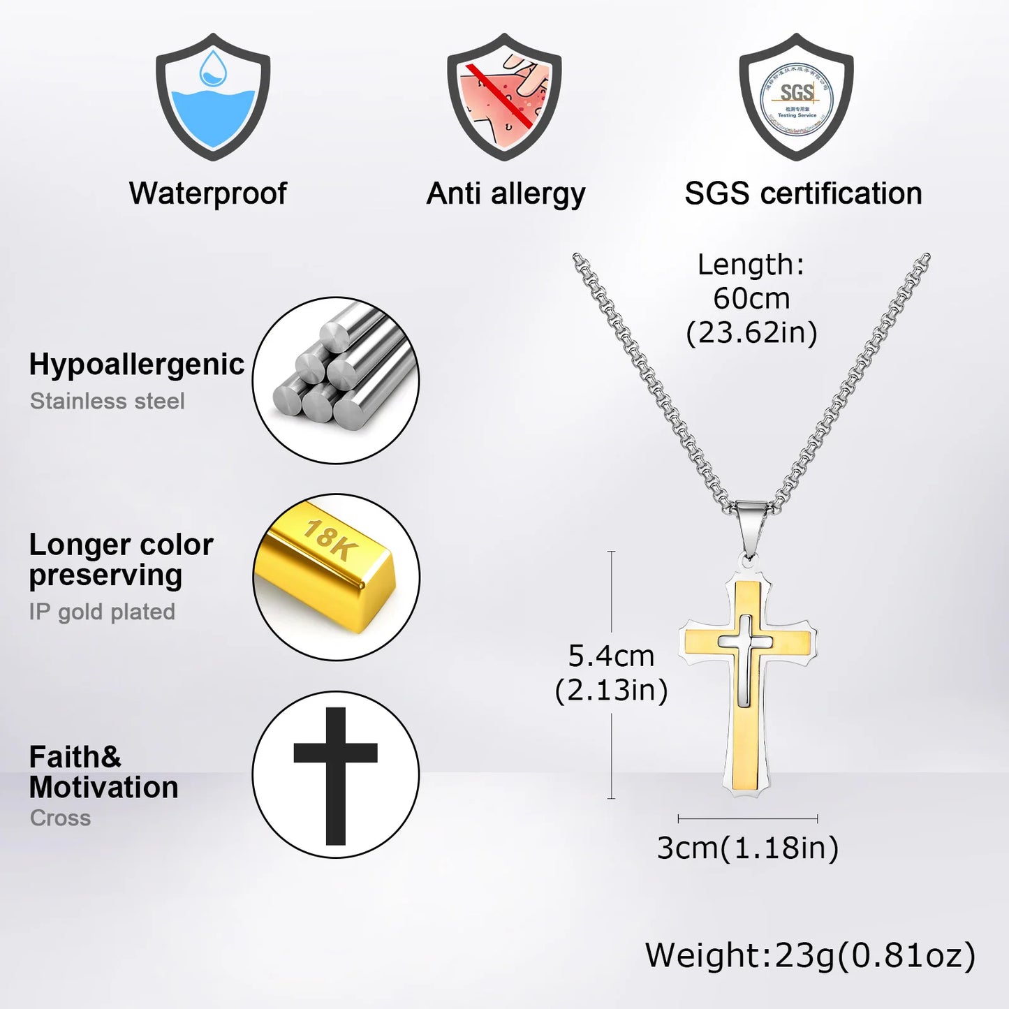 3D Cross Pendant Necklaces for Men Boys,Black Gold Color Stainless Steel Cross Necklace,Hiphop Punk Party Gift