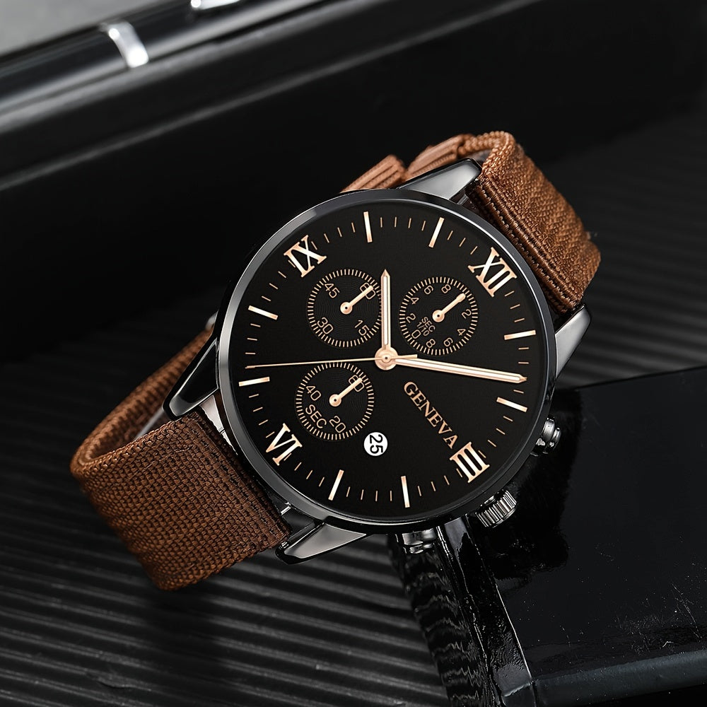 [Popular Choice] Men's Watch 1pc Men's Black Nylon Strap Casual Industrial Style Round Dial Calendar Pointer Quartz Watch And 3pcs Bracelets Set Watch for Men Christmas, New Year's Day, Valentine's Day, The Best Gift for A fo