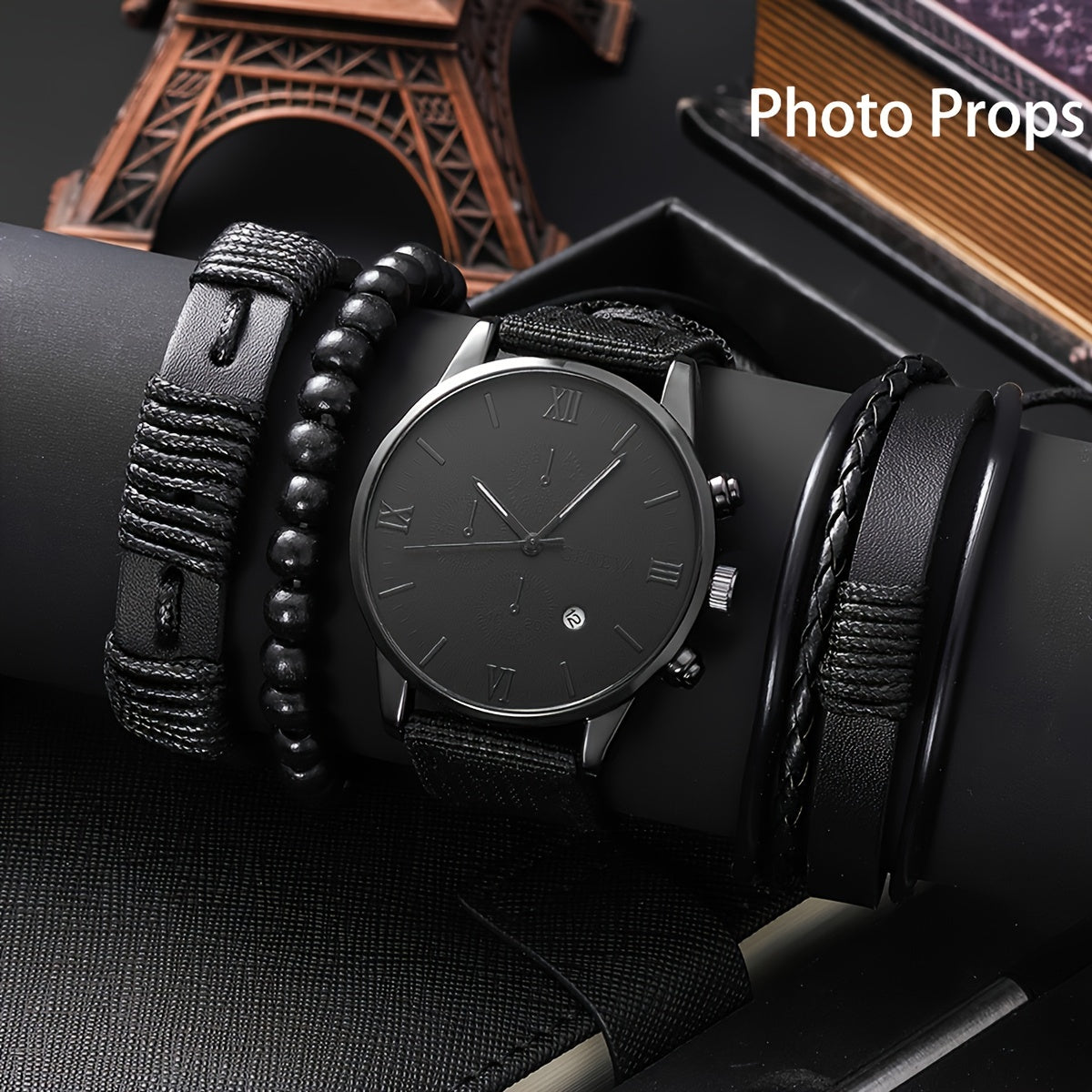 [Popular Choice] Men's Watch 1pc Men's Black Nylon Strap Casual Industrial Style Round Dial Calendar Pointer Quartz Watch And 3pcs Bracelets Set Watch for Men Christmas, New Year's Day, Valentine's Day, The Best Gift for A fo