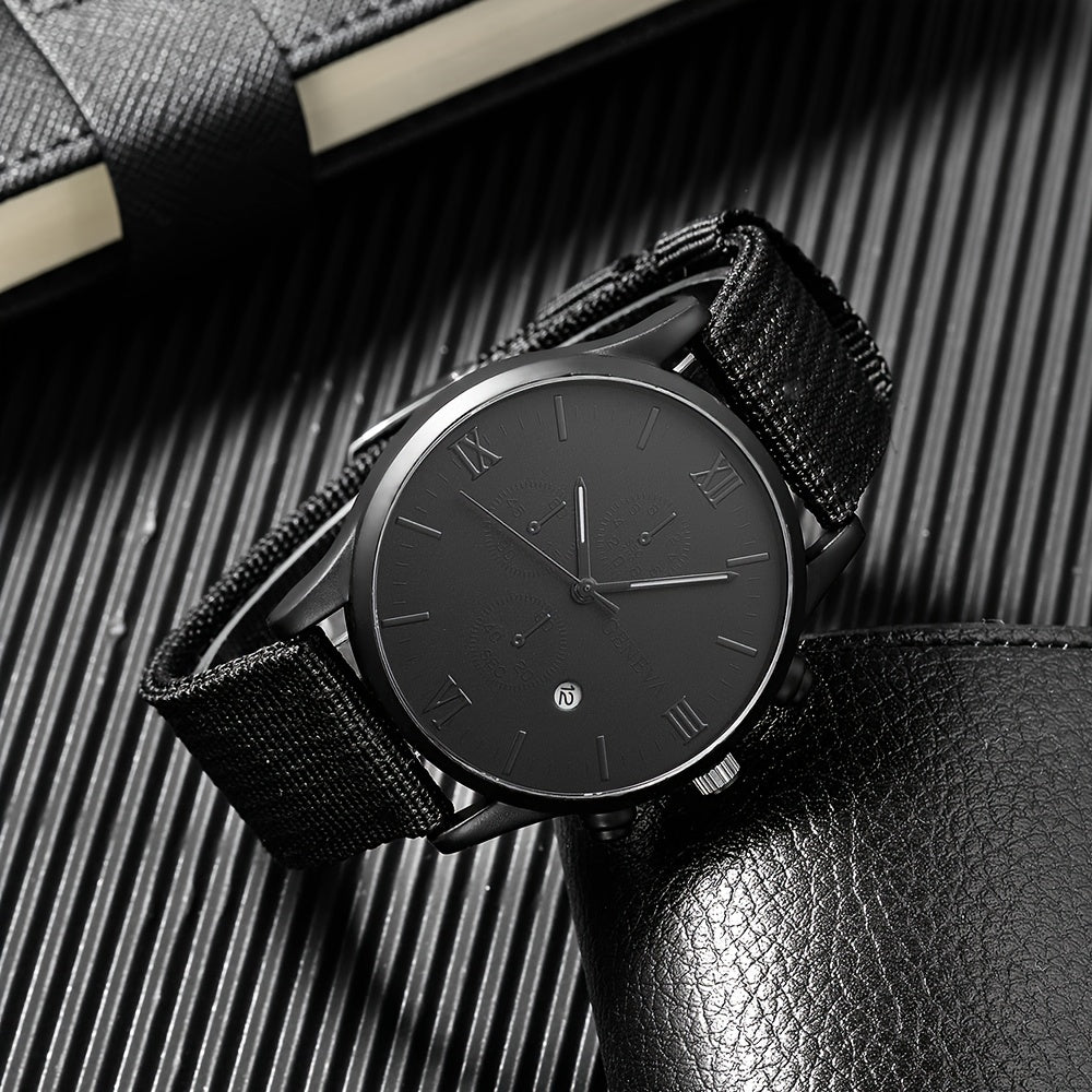 [Popular Choice] Men's Watch 1pc Men's Black Nylon Strap Casual Industrial Style Round Dial Calendar Pointer Quartz Watch And 3pcs Bracelets Set Watch for Men Christmas, New Year's Day, Valentine's Day, The Best Gift for A fo