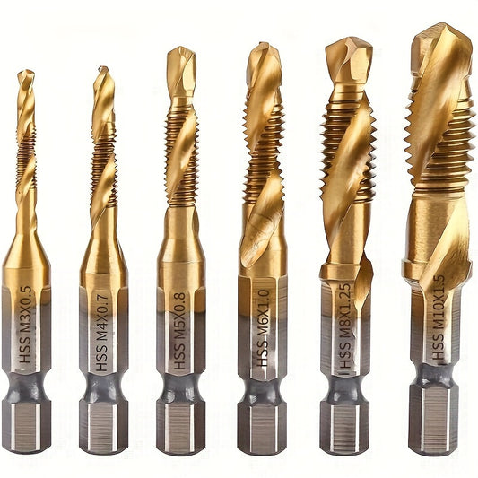 [Titanium Drill Bit Set] GOXAWEE 6pcs Titanium Drill Tap Combination Bit Set - 1/4" Hex Shank Screw Tapping Countersink Drill Bits - Metric Thread M3 M4 M5 M6 M8 M10 Taps Tool for Wood, Plastic & Metal