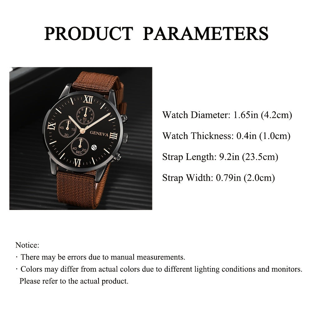 [Popular Choice] Men's Watch 1pc Men's Black Nylon Strap Casual Industrial Style Round Dial Calendar Pointer Quartz Watch And 3pcs Bracelets Set Watch for Men Christmas, New Year's Day, Valentine's Day, The Best Gift for A fo