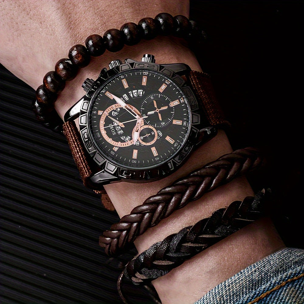 [Popular Choice] Men's Watch 1pc Men's Black Nylon Strap Casual Industrial Style Round Dial Calendar Pointer Quartz Watch And 3pcs Bracelets Set Watch for Men Christmas, New Year's Day, Valentine's Day, The Best Gift for A fo