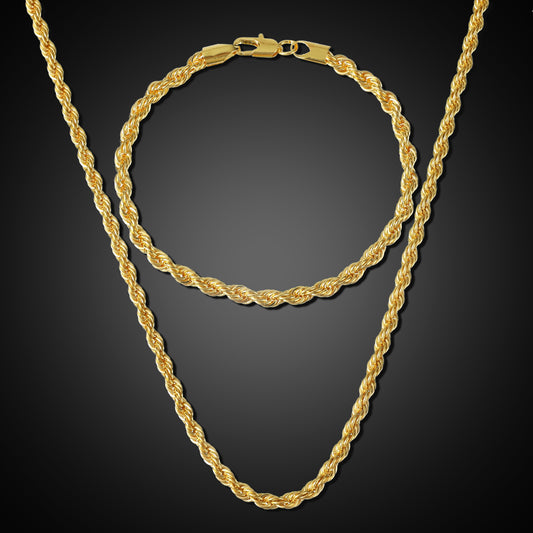 (Necklace + Bracelet) New Luxury Men And Women 18-karat Golden Plated European Classic Twist Necklace Bride Engagement Ornaments